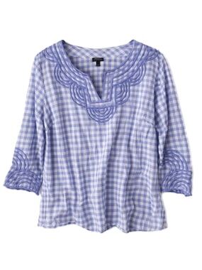Talbots Cotton Popover Top Gingham Purple Embroidered 3/4 Sleeve Size L